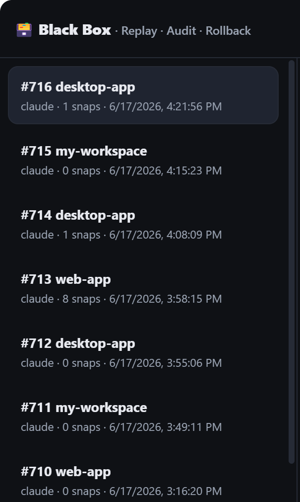 Black Box — every AI task logged, with snapshots to roll back