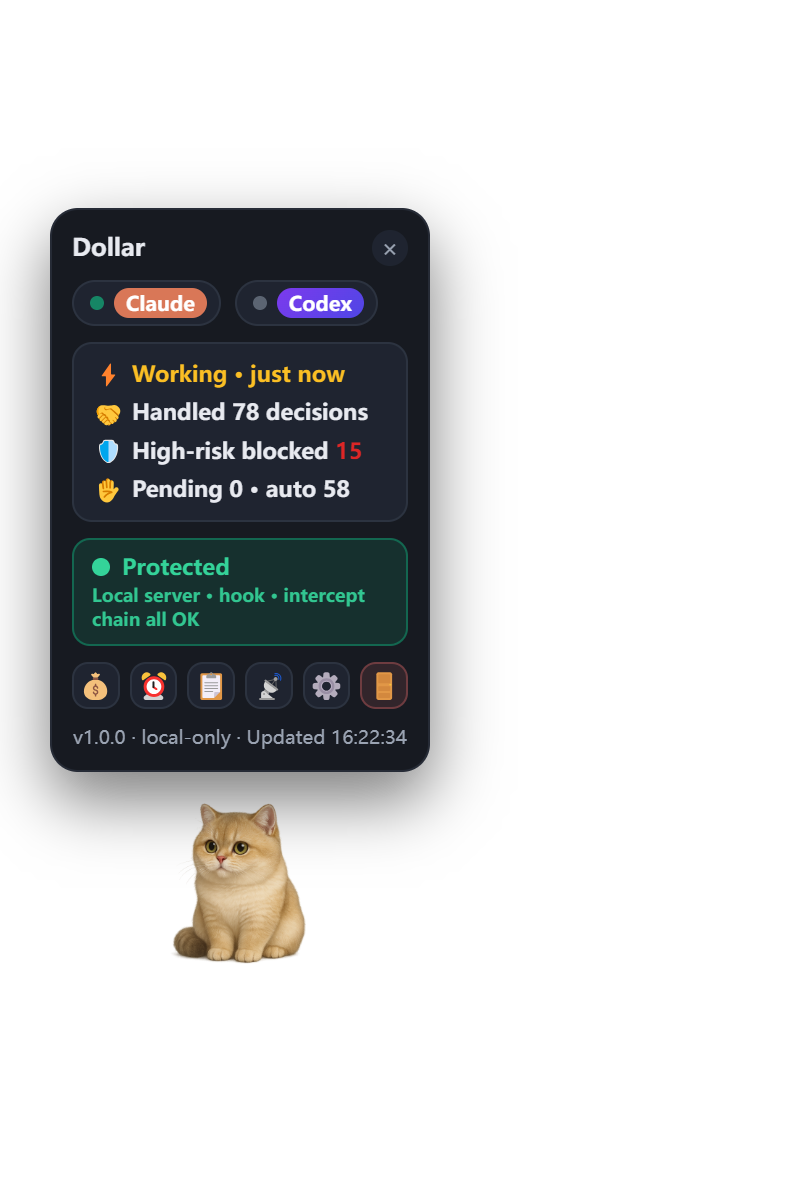 Dollar's menu — live status: decisions handled, high-risk blocked, all protected