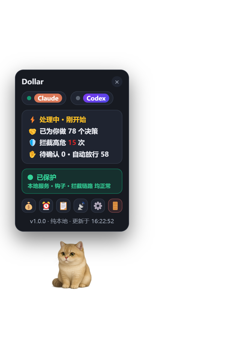 Dollar 菜单 — 实时状态:处理的决策、拦下的高危、全部已保护