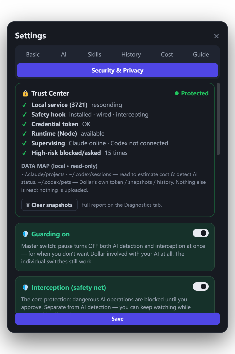 Dollar's Trust Center: local service, hook, token and intercept chain all verified